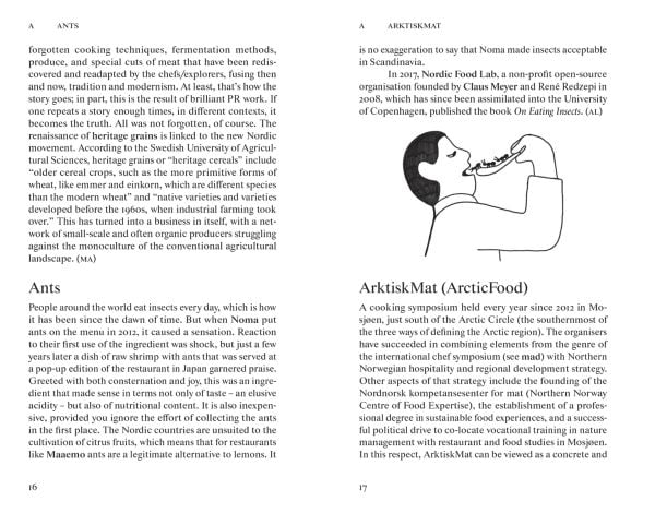 Book cover of New Nordic: Cuisine, Aesthetics and Place. A compendium; featuring a snail, half a fish, and a loaf of bread. Published by National Museum, Oslo.