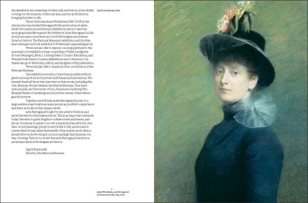 Book cover of Asta Nørregaard: Truth and Beauty; featuring a painting of a woman wearing a long pink dress and white bonnet, sitting on a trunk. Published by National Museum of Oslo.