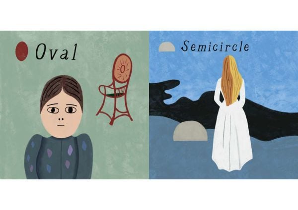 Book cover of Ingela P Arrhenius's book, Shapes: Inspired by Edvard Munch, with church building and a cut tree log. Published by MUNCH.