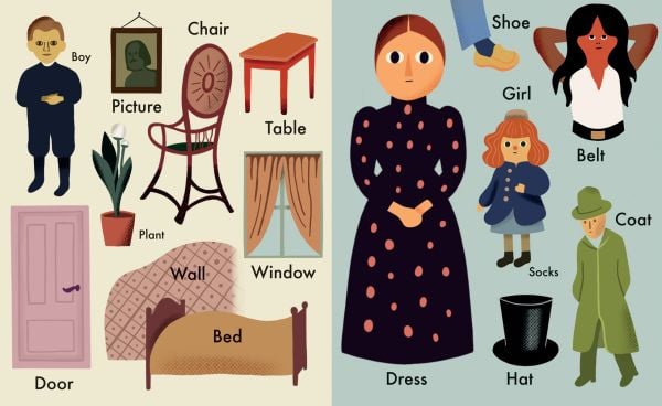 Book cover of Ingela P. Arrhenius's My First Words: Inspired by Edvard Munch, with a figure from the painting titled 'The Scream', a white dog, and a lion. Published by MUNCH.