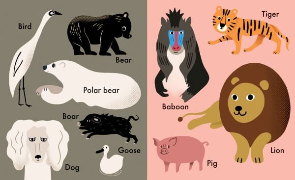 Book cover of Ingela P. Arrhenius's My First Words: Inspired by Edvard Munch, with a figure from the painting titled 'The Scream', a white dog, and a lion. Published by MUNCH.