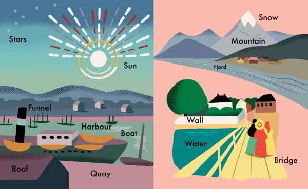 Book cover of Ingela P. Arrhenius's My First Words: Inspired by Edvard Munch, with a figure from the painting titled 'The Scream', a white dog, and a lion. Published by MUNCH.