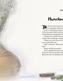 Book cover of A Mouse in Munch's House, featuring a mouse writing with a large pencil. Published by MUNCH.