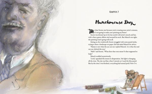 Book cover of A Mouse in Munch's House, featuring a mouse writing with a large pencil. Published by MUNCH.