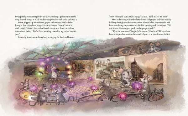 Book cover of A Mouse in Munch's House, featuring a mouse writing with a large pencil. Published by MUNCH.