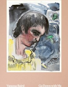 Book cover of Vanessa Baird: Go Down with Me, featuring a painting of figure standing in front of another person in bed. Published by MUNCH.