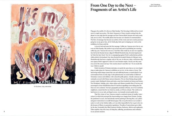 Book cover of Vanessa Baird: Go Down with Me, featuring a painting of figure standing in front of another person in bed. Published by MUNCH.