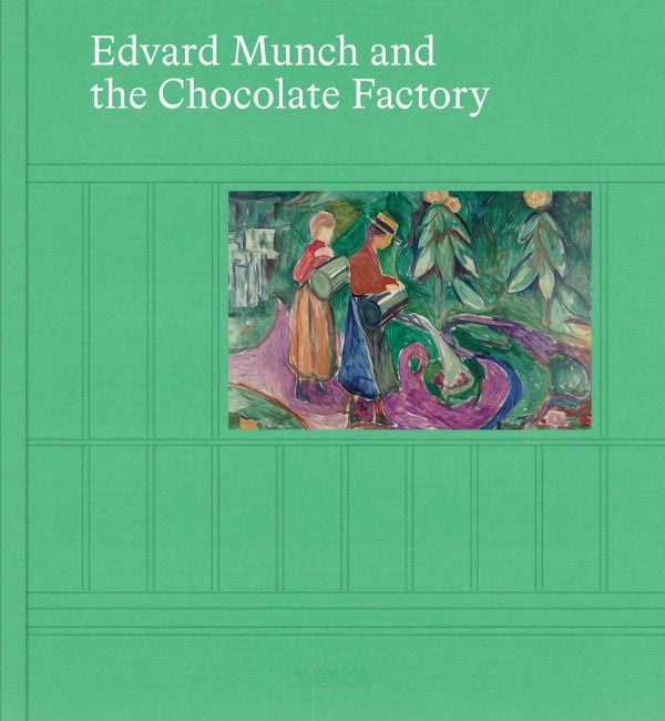 Book cover of Edvard Munch and the Chocolate Factory; featuring a painting of two figures watering a garden. Published by MUNCH.