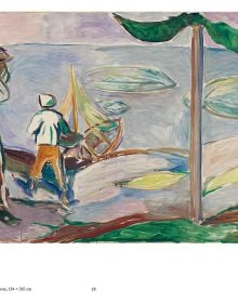 Book cover of Edvard Munch and the Chocolate Factory; featuring a painting of two figures watering a garden. Published by MUNCH.