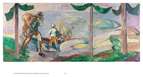 Book cover of Edvard Munch and the Chocolate Factory; featuring a painting of two figures watering a garden. Published by MUNCH.