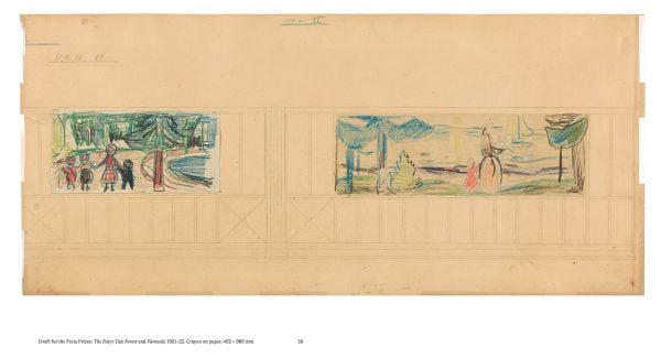 Book cover of Edvard Munch and the Chocolate Factory; featuring a painting of two figures watering a garden. Published by MUNCH.