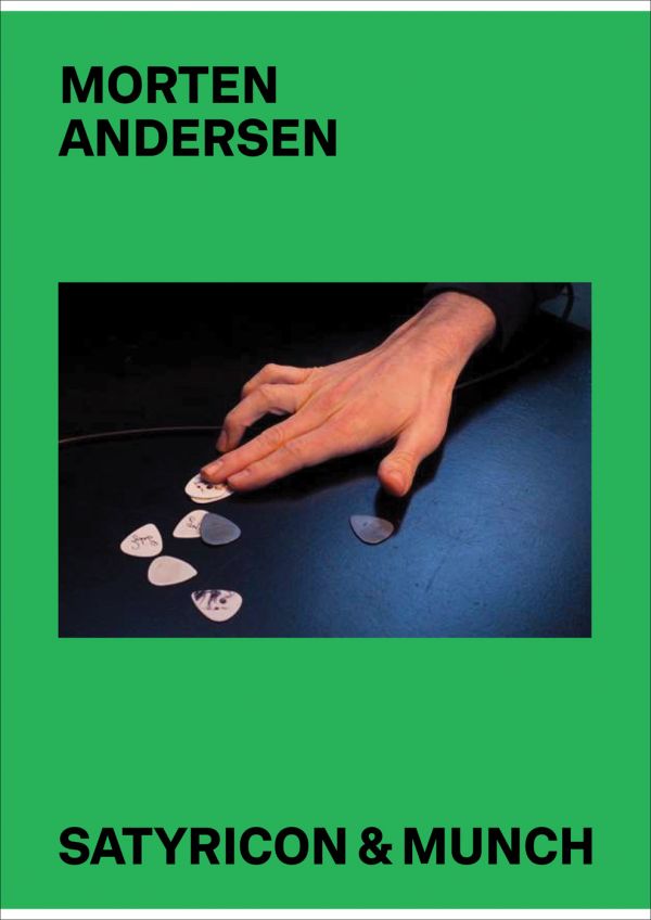 Book cover of of Satyricon & Munch, with a hand reaching towards a collection of guitar plectrums. Published by MUNCH.