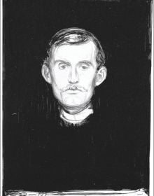 Book cover of Edvard Munch: Infinite, featuring a black and white lithograph titled 'Self-Portrait with Skeleton Arm'. Published by MUNCH.