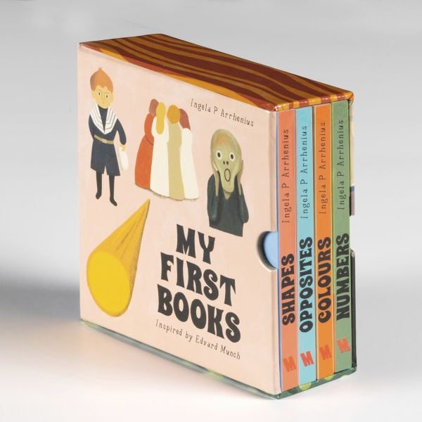 Box set of four books of educational learning on numbers, shapes, colors and opposites. Published by MUNCH.