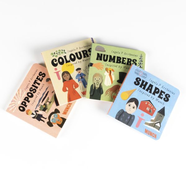 Box set of four books of educational learning on numbers, shapes, colours and opposites. Published by MUNCH.
