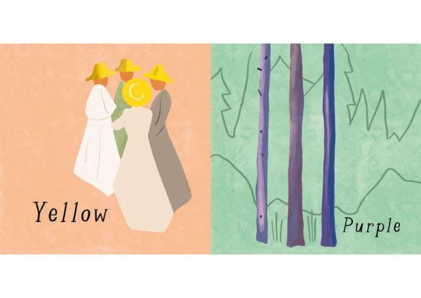 Book cover of Ingela P Arrhenius's children's book, Colours: Inspired by Edvard Munch, with a brown horse, man in blue suit sitting in chair, and women in red dress. Published by MUNCH.