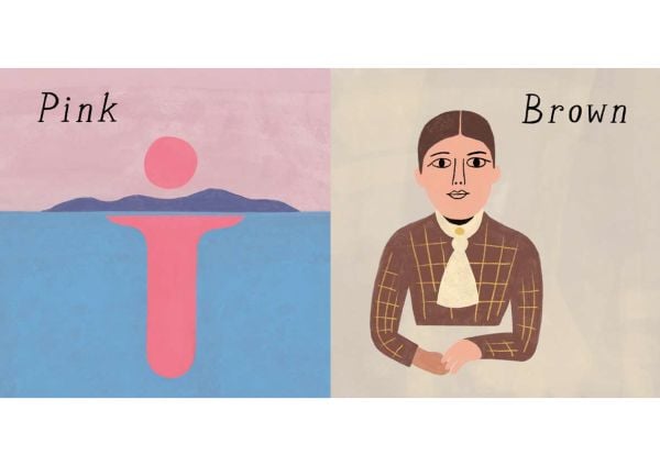 Book cover of Ingela P Arrhenius's children's book, Colours: Inspired by Edvard Munch, with a brown horse, man in blue suit sitting in chair, and women in red dress. Published by MUNCH.