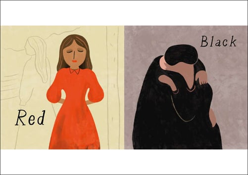 Book cover of Ingela P Arrhenius's children's book, Colours: Inspired by Edvard Munch, with a brown horse, man in blue suit sitting in chair, and women in red dress. Published by MUNCH.