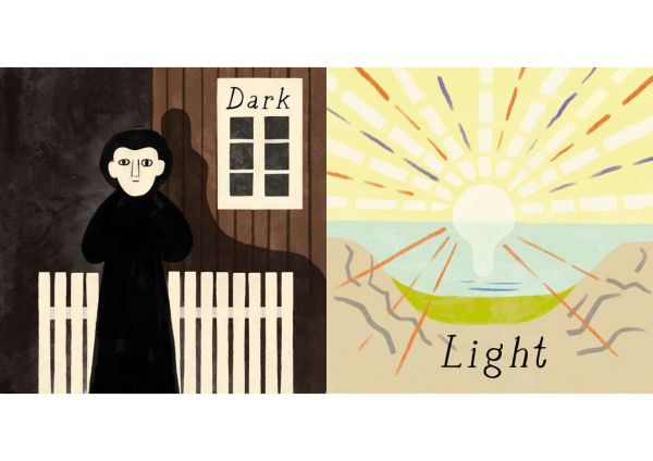 Book cover of Ingela P Arrhenius's book, Opposites: Inspired by Edvard Munch, with a women sitting in rocking chair, and face of black dog. Published by MUNCH.