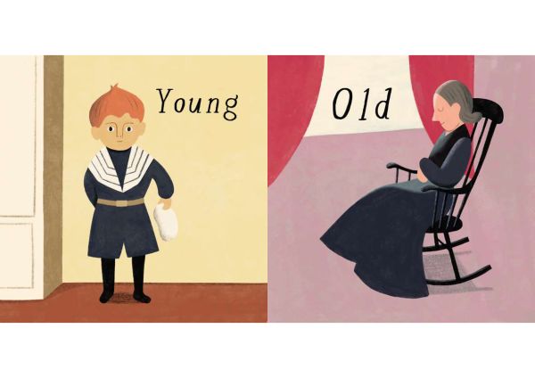 Book cover of Ingela P Arrhenius's book, Opposites: Inspired by Edvard Munch, with a women sitting in rocking chair, and face of black dog. Published by MUNCH.