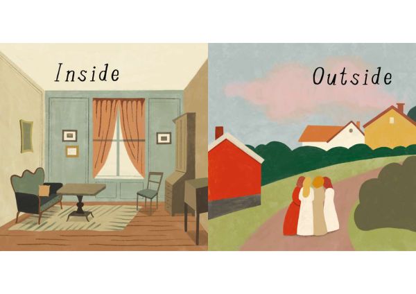 Book cover of Ingela P Arrhenius's book, Opposites: Inspired by Edvard Munch, with a women sitting in rocking chair, and face of black dog. Published by MUNCH.