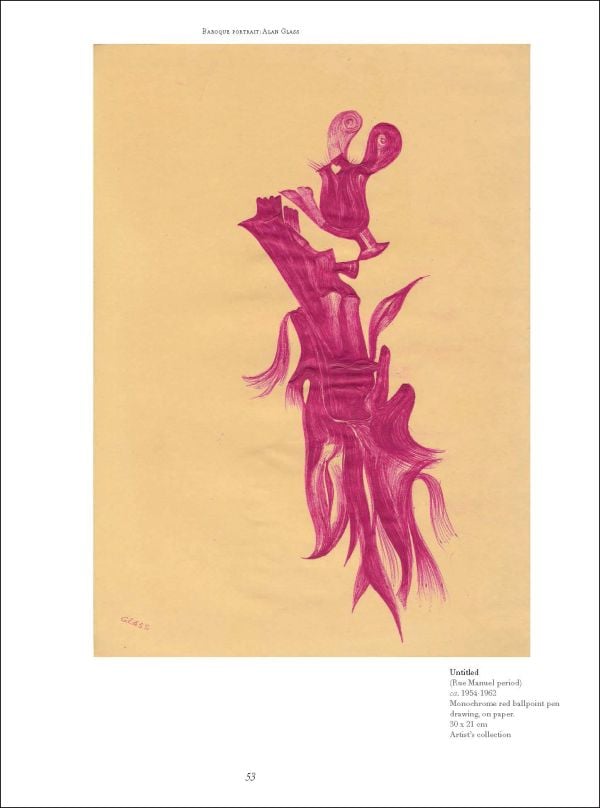 Book cover of Drawings Alan Glass: Paris 1954-1962, with blue ballpoint pen ink drawings of surrealist figures. Published by Ediciones El Viso.