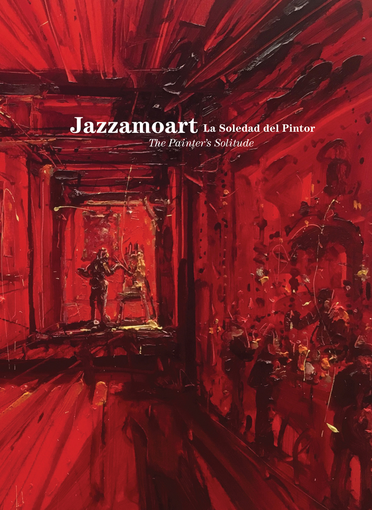 Expressive ruby red painting of painter at easel, Jazzamoart The Painter's Solitude in white font above
