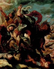 Close up of 1636 painting Prometheus, Rubens Painter of Sketches in white font to centre left