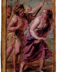 Close up of 1636 painting Prometheus, Rubens Painter of Sketches in white font to centre left