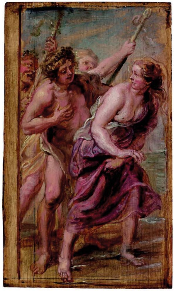 Close up of 1636 painting Prometheus, Rubens Painter of Sketches in white font to centre left