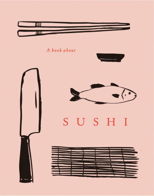 Book cover of Sushi; illustrated with a knife, chop-sticks and a fish. Published by Helmin Publishing.