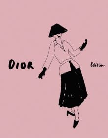 Book cover of Dior Édition; featuring an illustration of a model wearing a fitted jacket, long black skirt and gloves, and a lampshade hat. Published by Helmin Publishing.