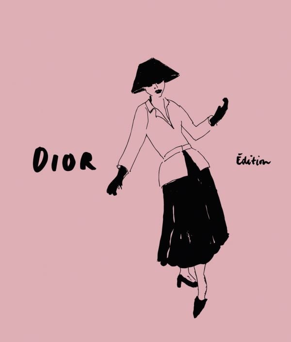 Book cover of Dior Édition; featuring an illustration of a model wearing a fitted jacket, long black skirt and gloves, and a lampshade hat. Published by Helmin Publishing.