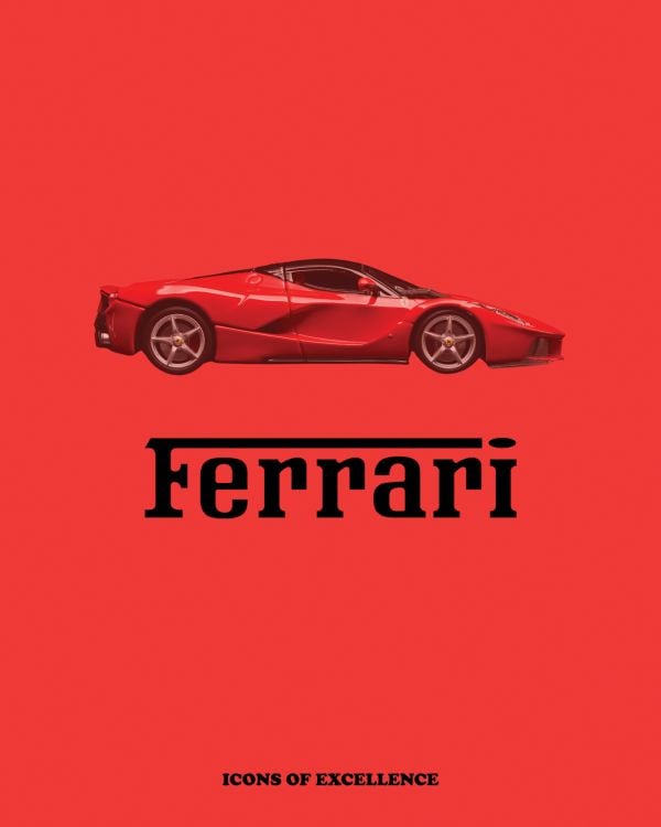 Book cover of Ferrari: Icons of Excellence; featuring a red Ferrari model. Published by Helmin & Sorgenfri.