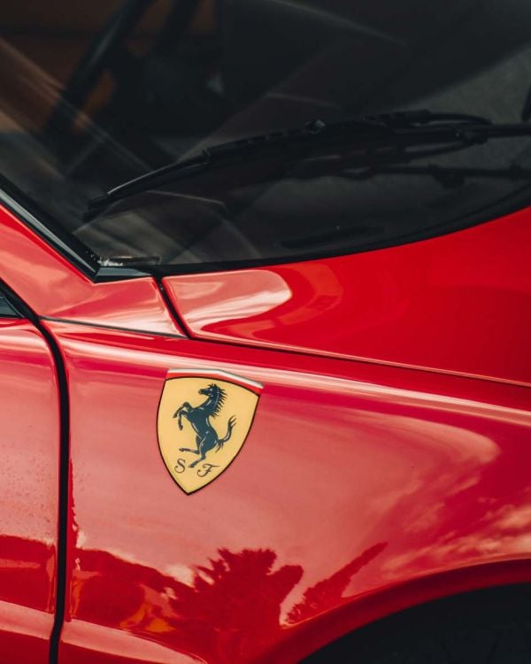 Book cover of Ferrari: Icons of Excellence; featuring a red Ferrari model. Published by Helmin & Sorgenfri.