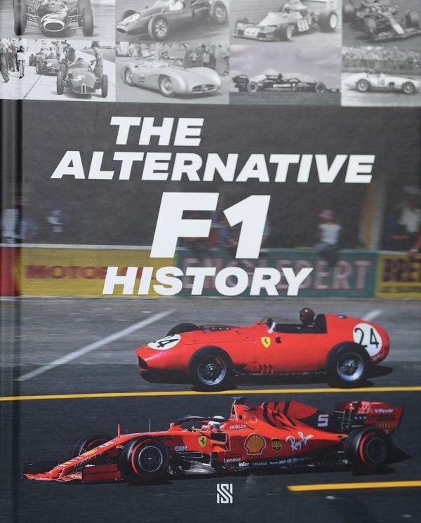 Book cover of The Alternative F1 History; featuring two red Ferrari racing cars. Published by Helmin & Sorgenfri.