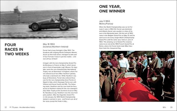 Book cover of The Alternative F1 History; featuring two red Ferrari racing cars. Published by Helmin & Sorgenfri.