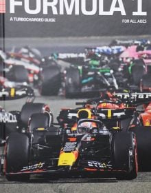 Book cover of Formula 1 - A Turbocharged Guide; featuring a F1 race. Published by Helmin & Sorgenfri.