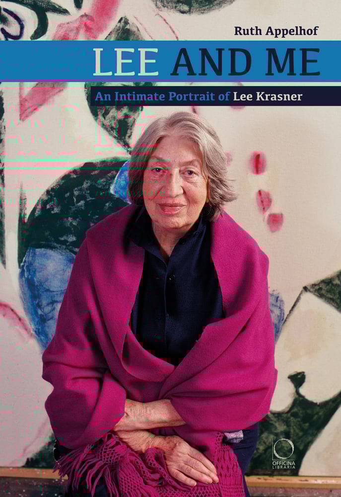 Lee Krasner smiling at camera, wrapped in pink shawl, in front of painting, LEE AND ME in white and blue font on top blue banner.