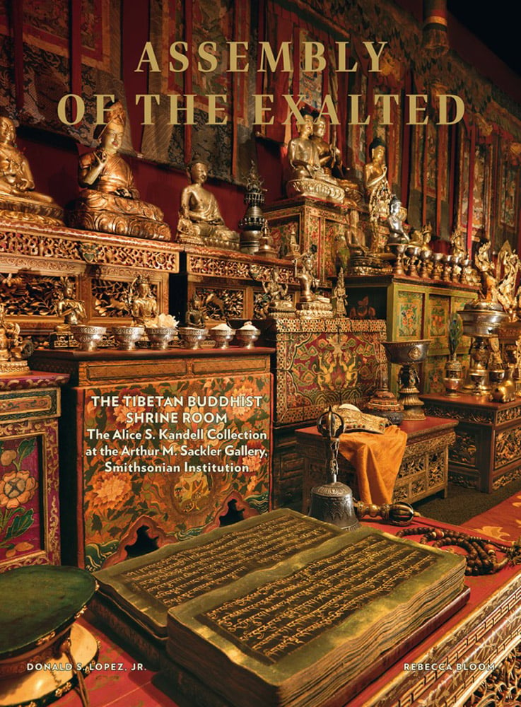 Tibetan Shrine Room with Buddhas and decorated chests, Assembly of the Exalted in gold font above