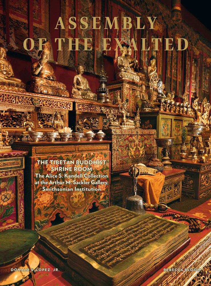 Tibetan Shrine Room with Buddhas and decorated chests, Assembly of the Exalted in gold font above