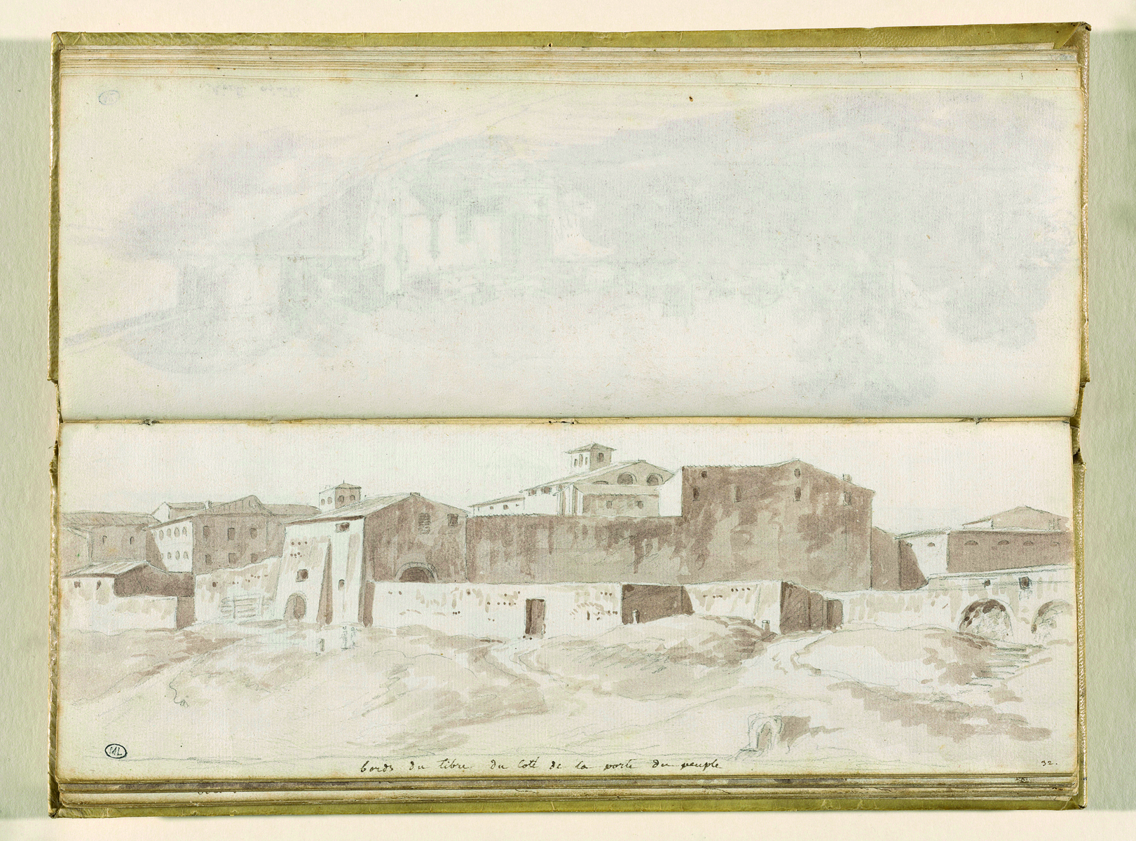 Sketch of buildings on Rome, Livre a dessiner de P. De Valenciennes in white font on bottom red banner