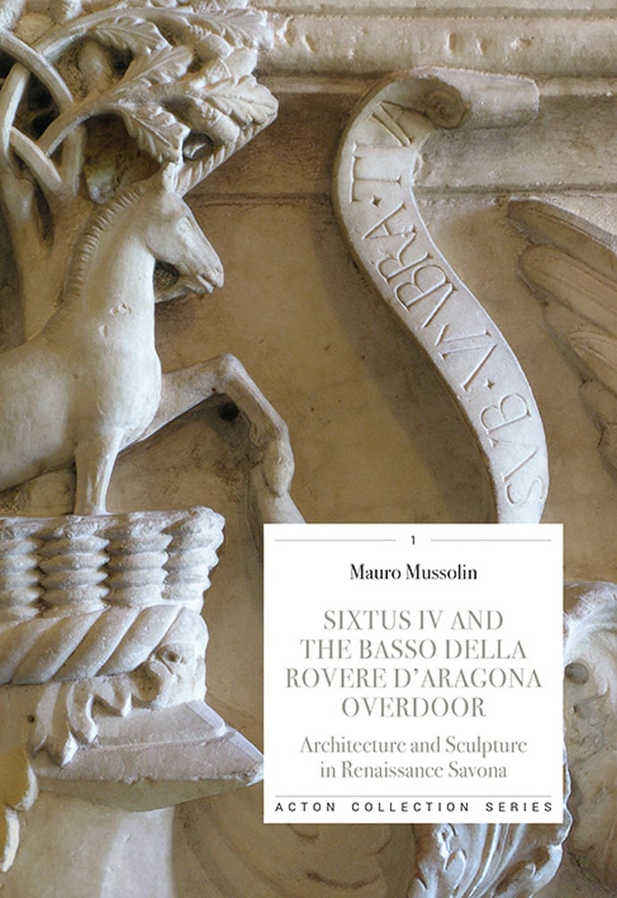Close up of magnificent bas relief, horse on pillar, one hoof in air, SIXTUS IV AND THE BASSO DELLA ROVERE D'ARAGONA OVERDOOR in grey font on white banner to lower right.