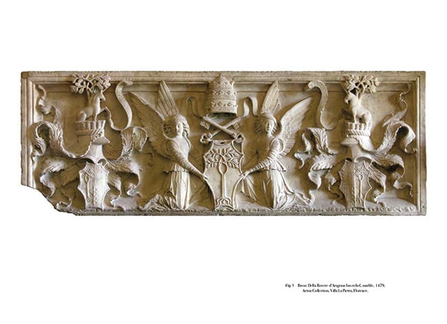 Close up of magnificent bas relief, horse on pillar, one hoof in air, SIXTUS IV AND THE BASSO DELLA ROVERE D'ARAGONA OVERDOOR in grey font on white banner to lower right.
