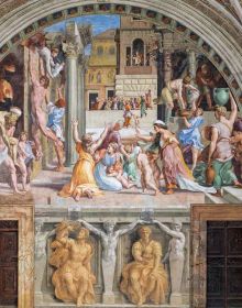 Detail of Triumph of Galatea, by Raphael,1512, RAPHAEL Painter and Architect in Rome in white and green font to upper portion.