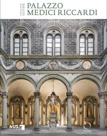 Book cover of Palazzo Medici Riccardi, with the courtyard of the Palazzo Medici Riccardi, marble sculpture of Orpheus with three-headed dog Cerberus. Published by Officina Libraria.