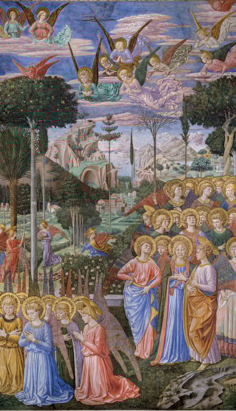 Book cover of Palazzo Medici Riccardi, with the courtyard of the Palazzo Medici Riccardi, marble sculpture of Orpheus with three-headed dog Cerberus. Published by Officina Libraria.