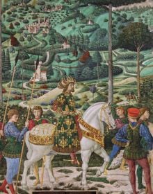 Book cover of Palazzo Medici Riccardi, with the courtyard of the Palazzo Medici Riccardi, marble sculpture of Orpheus with three-headed dog Cerberus. Published by Officina Libraria.