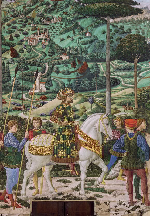 Book cover of Palazzo Medici Riccardi, with the courtyard of the Palazzo Medici Riccardi, marble sculpture of Orpheus with three-headed dog Cerberus. Published by Officina Libraria.