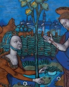 Book cover of Limoges Enamel Triptychs: Three Masterpieces from the Carrand Collection, with detail of enamel triptych in Limoges, with female figure in dark red dress. Published by Officina Libraria.